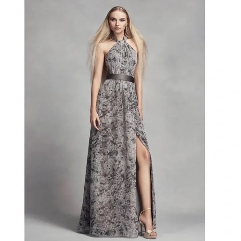 WHITE By Vera Wang Grey Print Halter Slit Skirt Prom Formal Dress Size 6